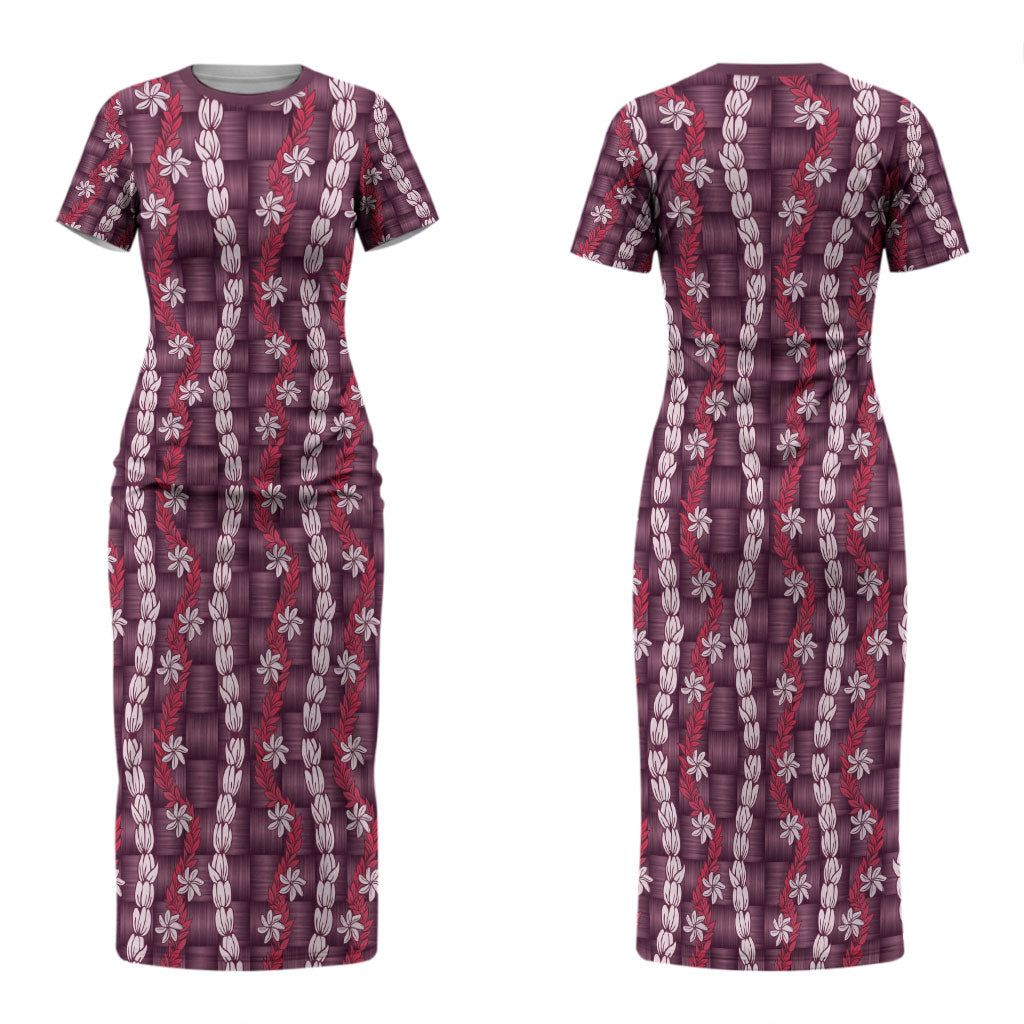 Pikake Maile Tiare Lei Couples Matching Short Sleeve Bodycon Dress and Long Sleeve Button Shirt Akala Lauhala Pattern LT01 - Polynesian Pride