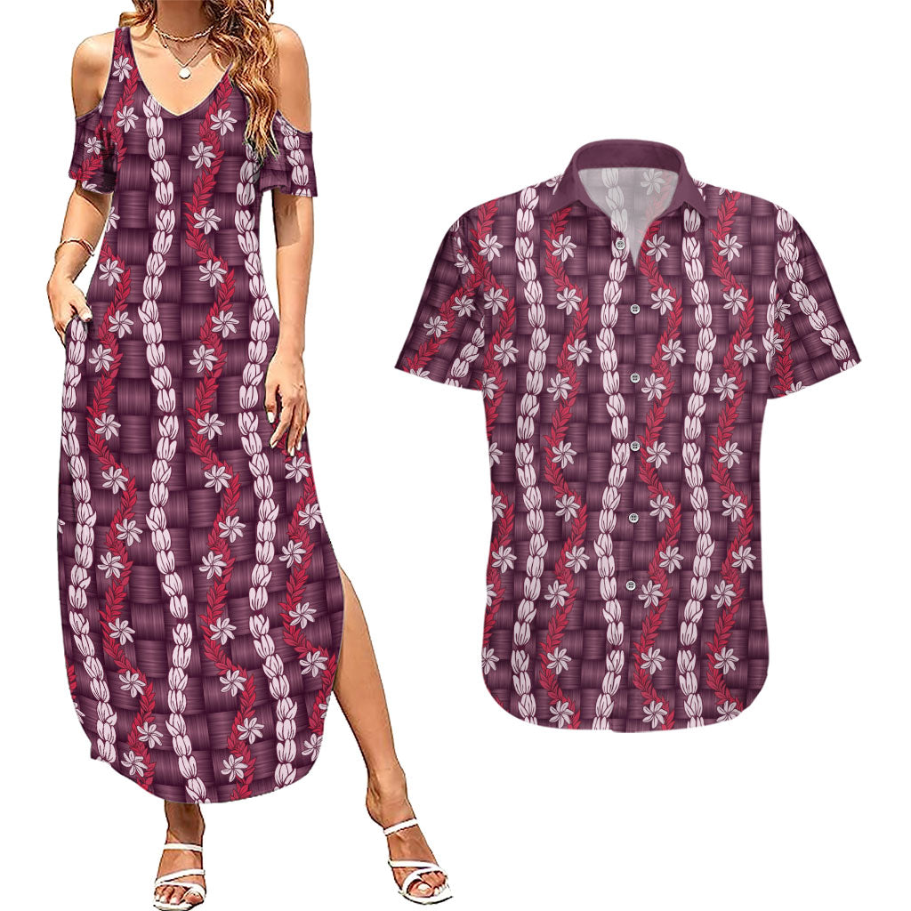 Pikake Maile Tiare Lei Couples Matching Summer Maxi Dress and Hawaiian Shirt Akala Lauhala Pattern LT01 Pink - Polynesian Pride