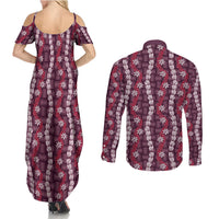 Pikake Maile Tiare Lei Couples Matching Summer Maxi Dress and Long Sleeve Button Shirt Akala Lauhala Pattern
