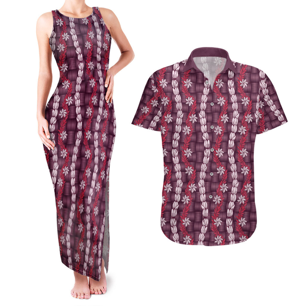Pikake Maile Tiare Lei Couples Matching Tank Maxi Dress and Hawaiian Shirt Akala Lauhala Pattern