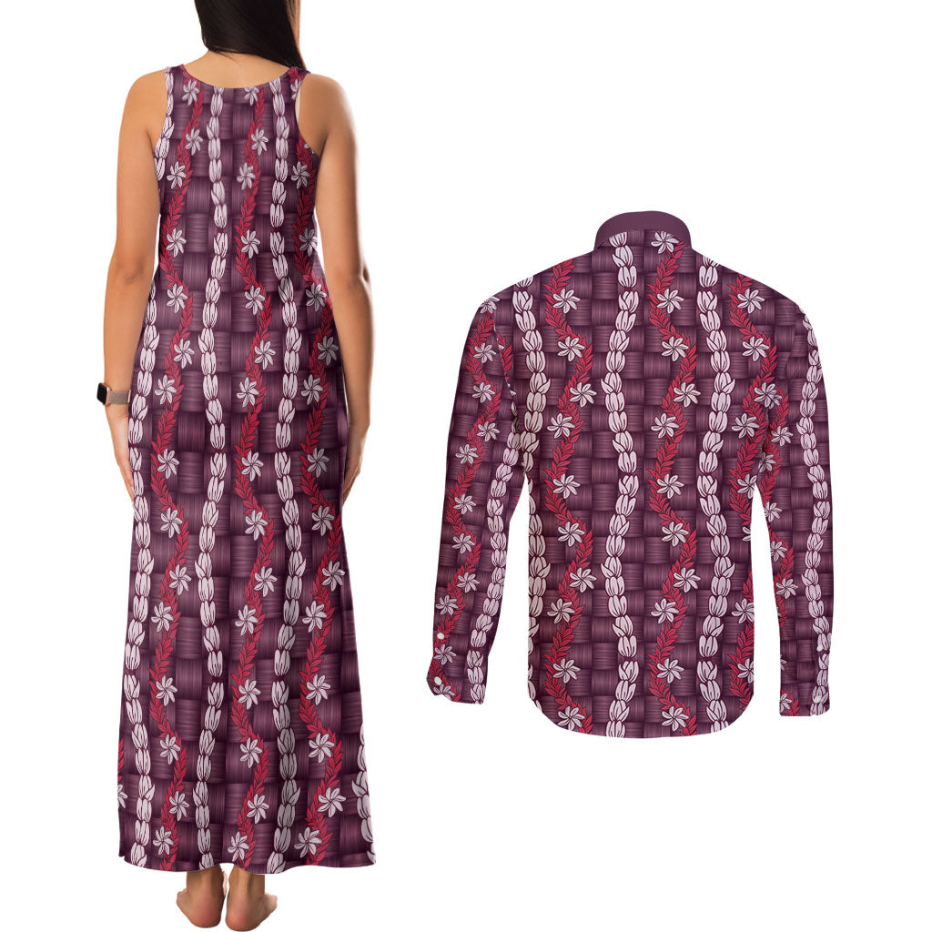 Pikake Maile Tiare Lei Couples Matching Tank Maxi Dress and Long Sleeve Button Shirt Akala Lauhala Pattern