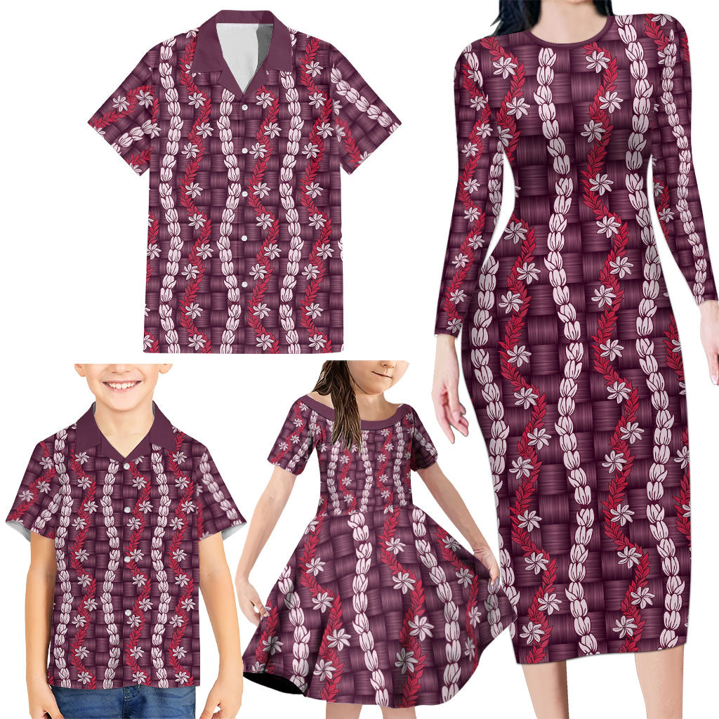 Pikake Maile Tiare Lei Family Matching Long Sleeve Bodycon Dress and Hawaiian Shirt Akala Lauhala Pattern