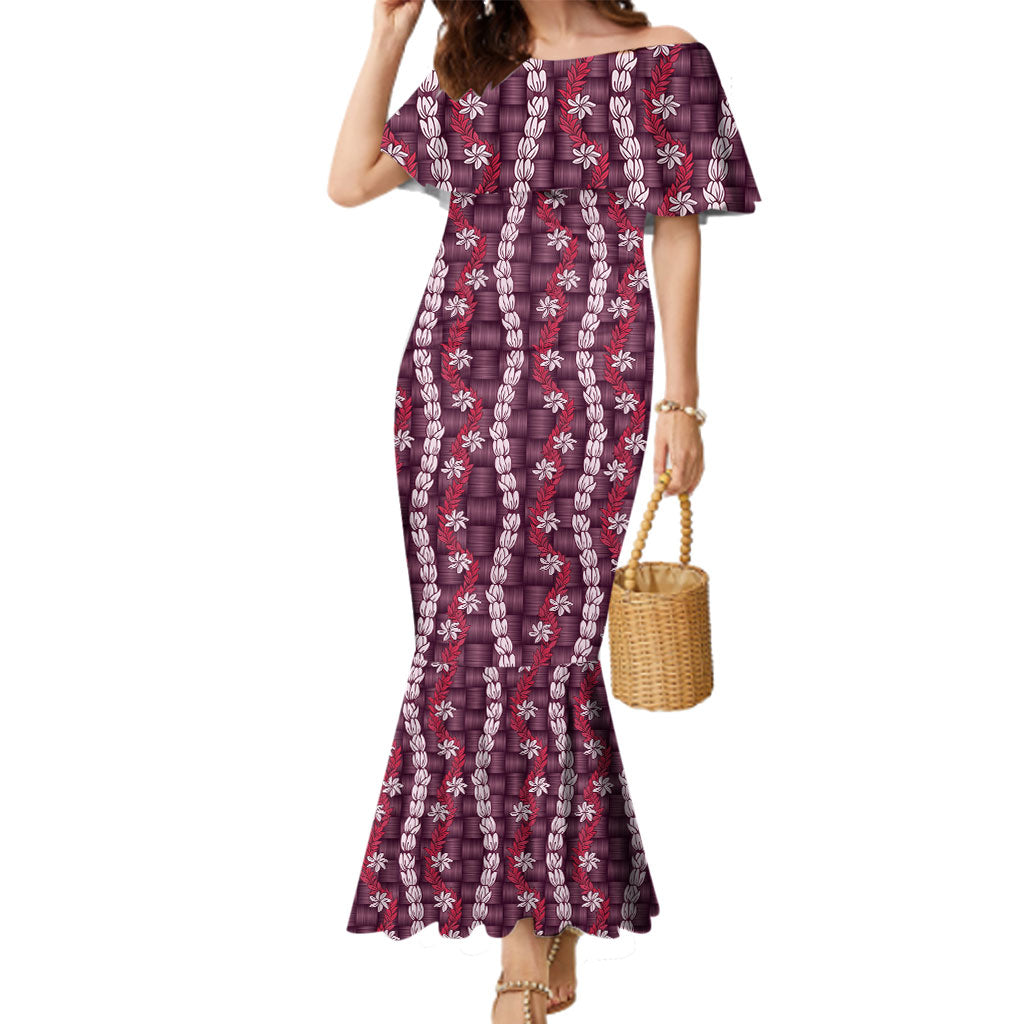 Pikake Maile Tiare Lei Family Matching Mermaid Dress and Hawaiian Shirt Akala Lauhala Pattern