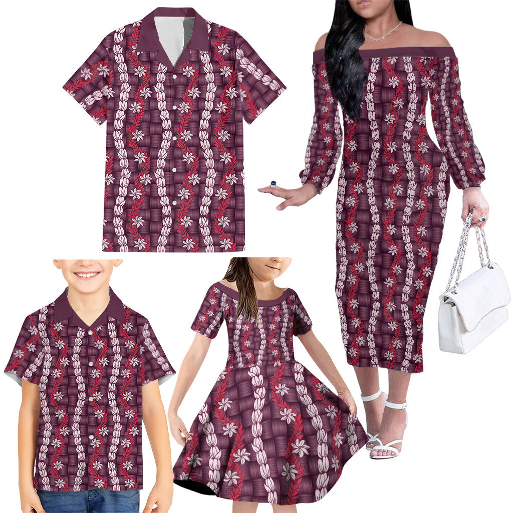 Pikake Maile Tiare Lei Family Matching Off The Shoulder Long Sleeve Dress and Hawaiian Shirt Akala Lauhala Pattern