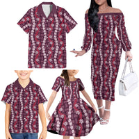 Pikake Maile Tiare Lei Family Matching Off The Shoulder Long Sleeve Dress and Hawaiian Shirt Akala Lauhala Pattern