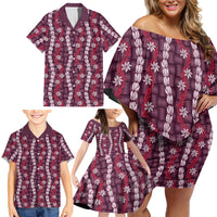 Pikake Maile Tiare Lei Family Matching Off Shoulder Short Dress and Hawaiian Shirt Akala Lauhala Pattern