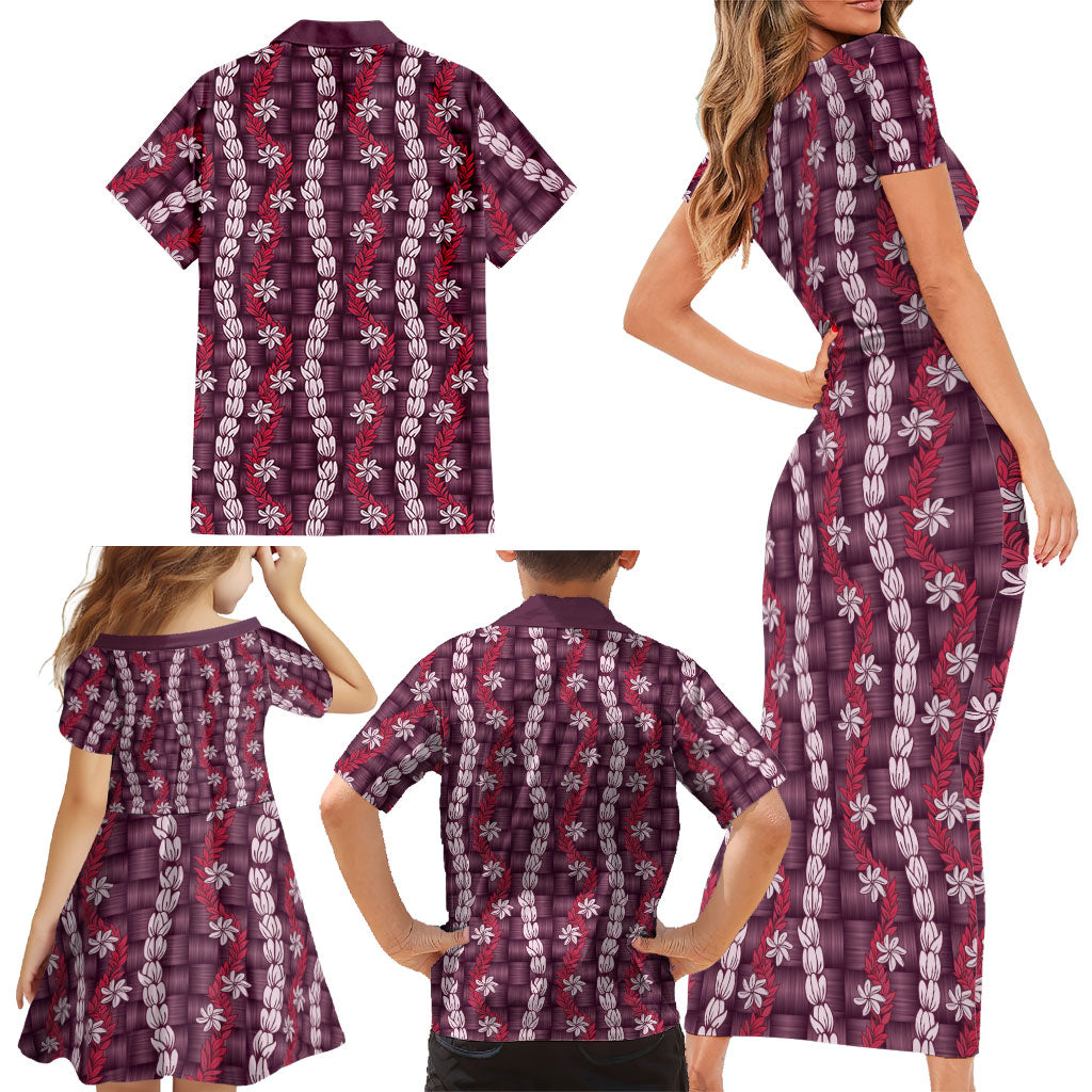 Pikake Maile Tiare Lei Family Matching Short Sleeve Bodycon Dress and Hawaiian Shirt Akala Lauhala Pattern