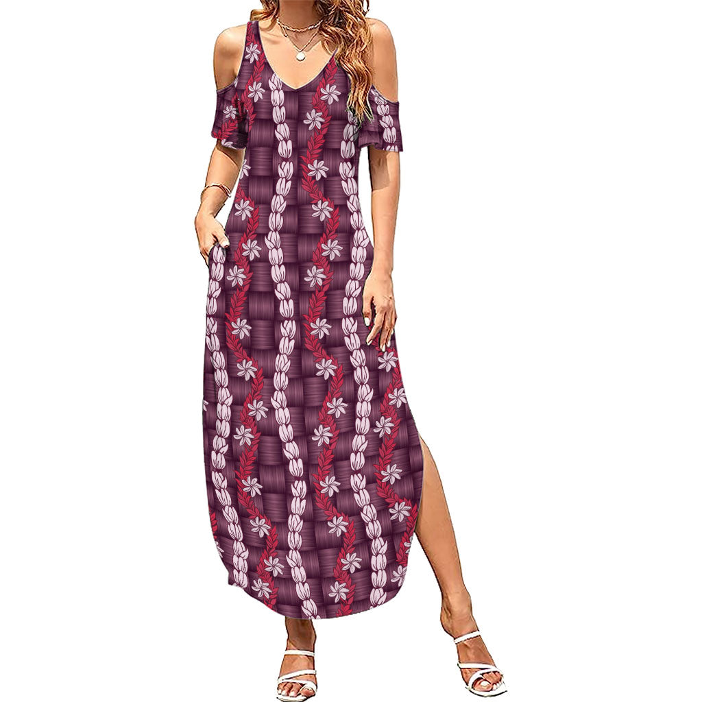 Pikake Maile Tiare Lei Family Matching Summer Maxi Dress and Hawaiian Shirt Akala Lauhala Pattern
