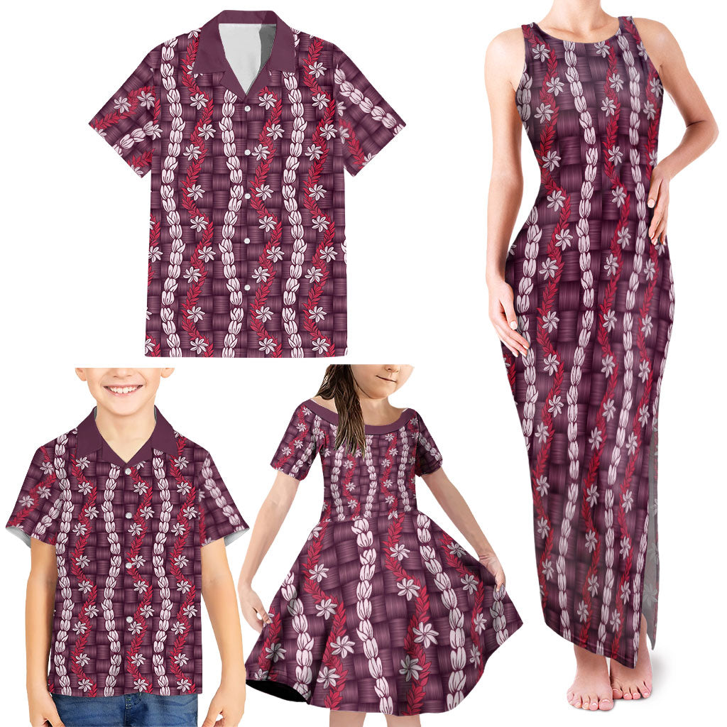 Pikake Maile Tiare Lei Family Matching Tank Maxi Dress and Hawaiian Shirt Akala Lauhala Pattern