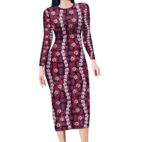 Pikake Maile Tiare Lei Long Sleeve Bodycon Dress Akala Lauhala Pattern