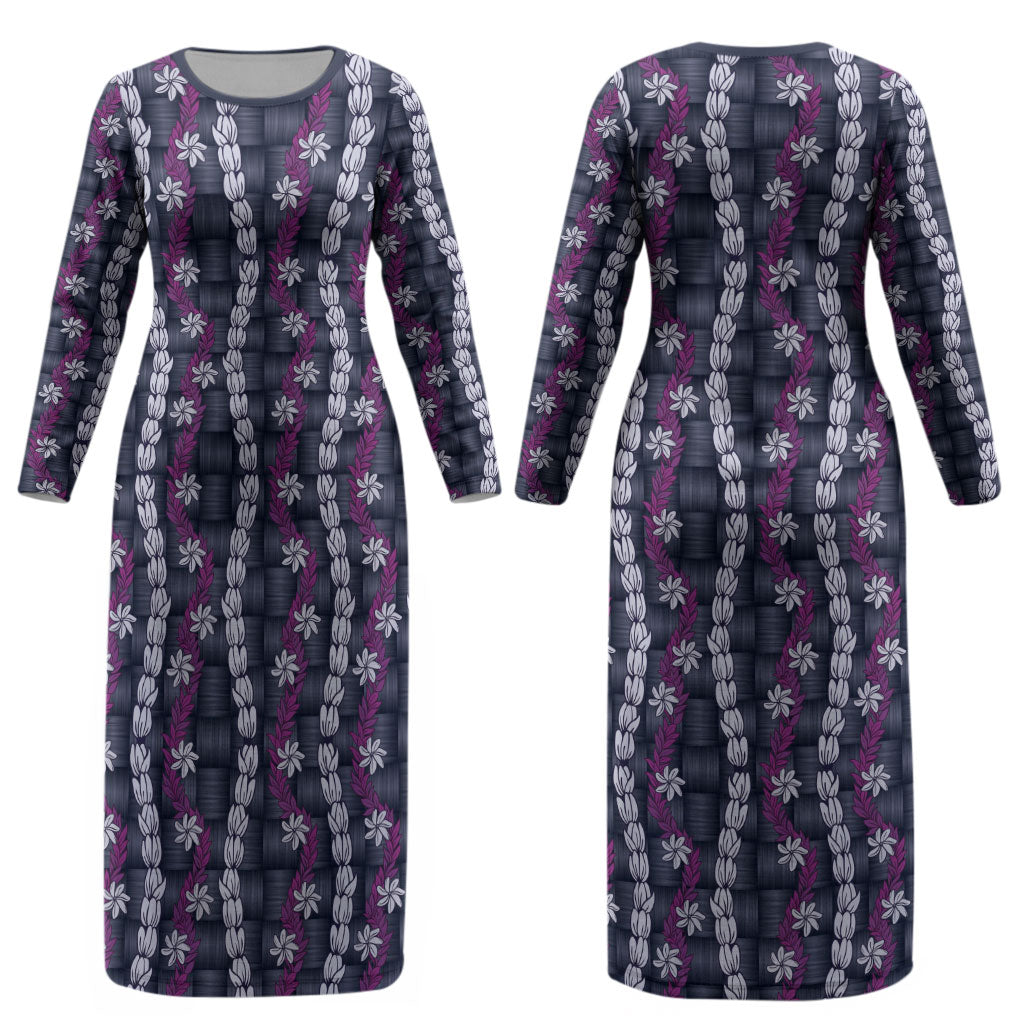 Pikake Maile Tiare Lei Couples Matching Long Sleeve Bodycon Dress and Hawaiian Shirt Poni Lauhala Pattern LT01 - Polynesian Pride