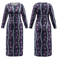 Pikake Maile Tiare Lei Couples Matching Long Sleeve Bodycon Dress and Long Sleeve Button Shirt Poni Lauhala Pattern LT01 - Polynesian Pride