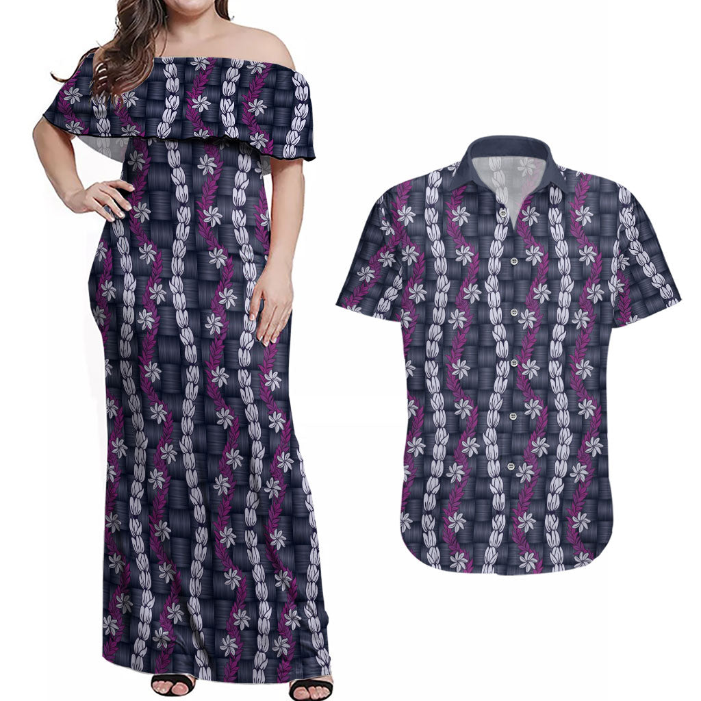 Pikake Maile Tiare Lei Couples Matching Off Shoulder Maxi Dress and Hawaiian Shirt Poni Lauhala Pattern LT01 Purple - Polynesian Pride