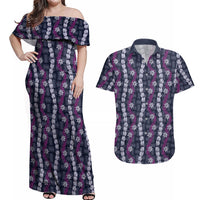 Pikake Maile Tiare Lei Couples Matching Off Shoulder Maxi Dress and Hawaiian Shirt Poni Lauhala Pattern