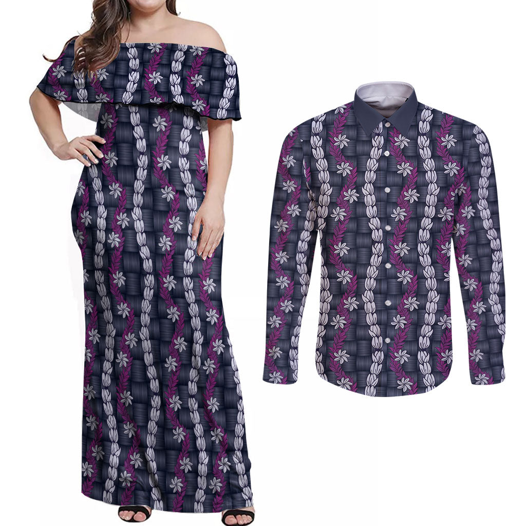 Pikake Maile Tiare Lei Couples Matching Off Shoulder Maxi Dress and Long Sleeve Button Shirt Poni Lauhala Pattern LT01 Purple - Polynesian Pride