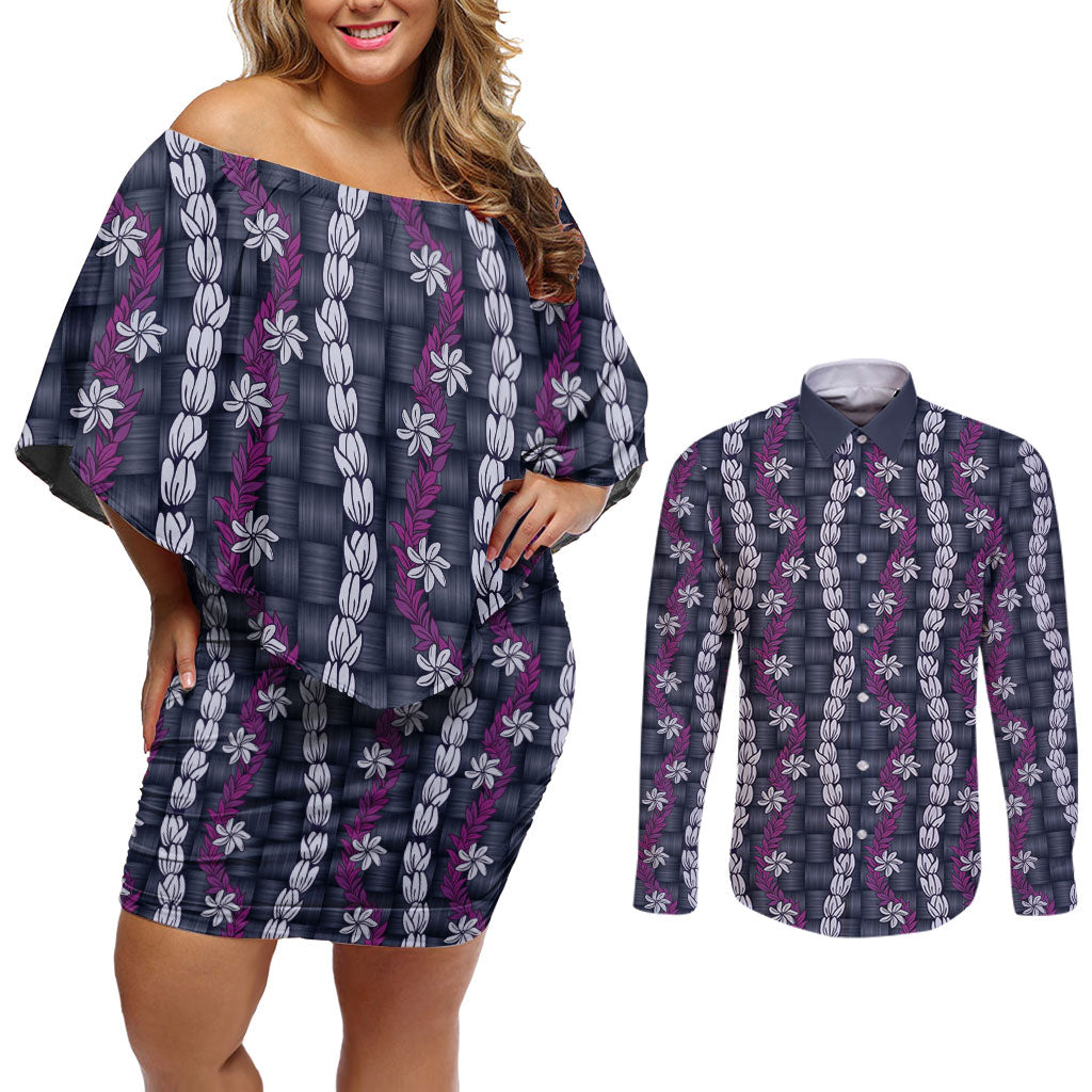 Pikake Maile Tiare Lei Couples Matching Off Shoulder Short Dress and Long Sleeve Button Shirt Poni Lauhala Pattern