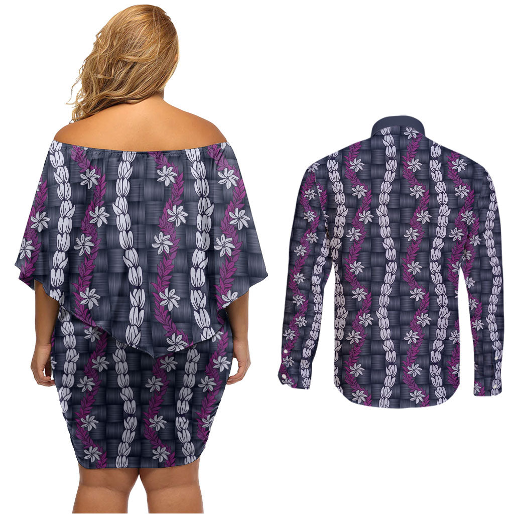 Pikake Maile Tiare Lei Couples Matching Off Shoulder Short Dress and Long Sleeve Button Shirt Poni Lauhala Pattern