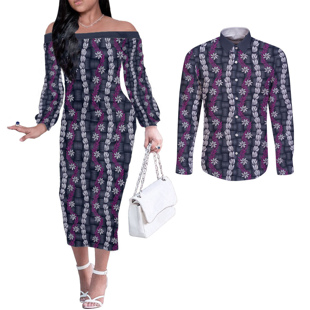 Pikake Maile Tiare Lei Couples Matching Off The Shoulder Long Sleeve Dress and Long Sleeve Button Shirt Poni Lauhala Pattern LT01 Purple - Polynesian Pride