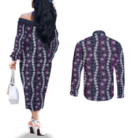 Pikake Maile Tiare Lei Couples Matching Off The Shoulder Long Sleeve Dress and Long Sleeve Button Shirt Poni Lauhala Pattern
