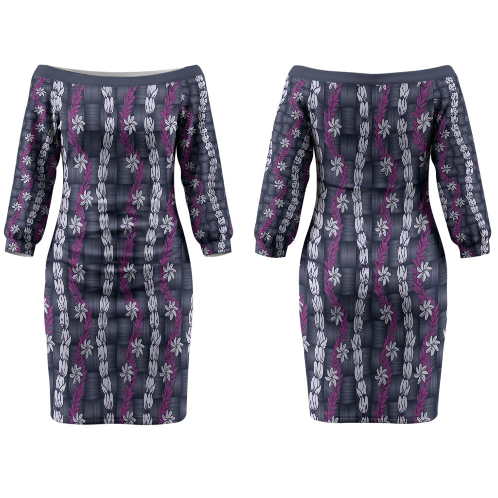 Pikake Maile Tiare Lei Couples Matching Off The Shoulder Long Sleeve Dress and Long Sleeve Button Shirt Poni Lauhala Pattern LT01 - Polynesian Pride