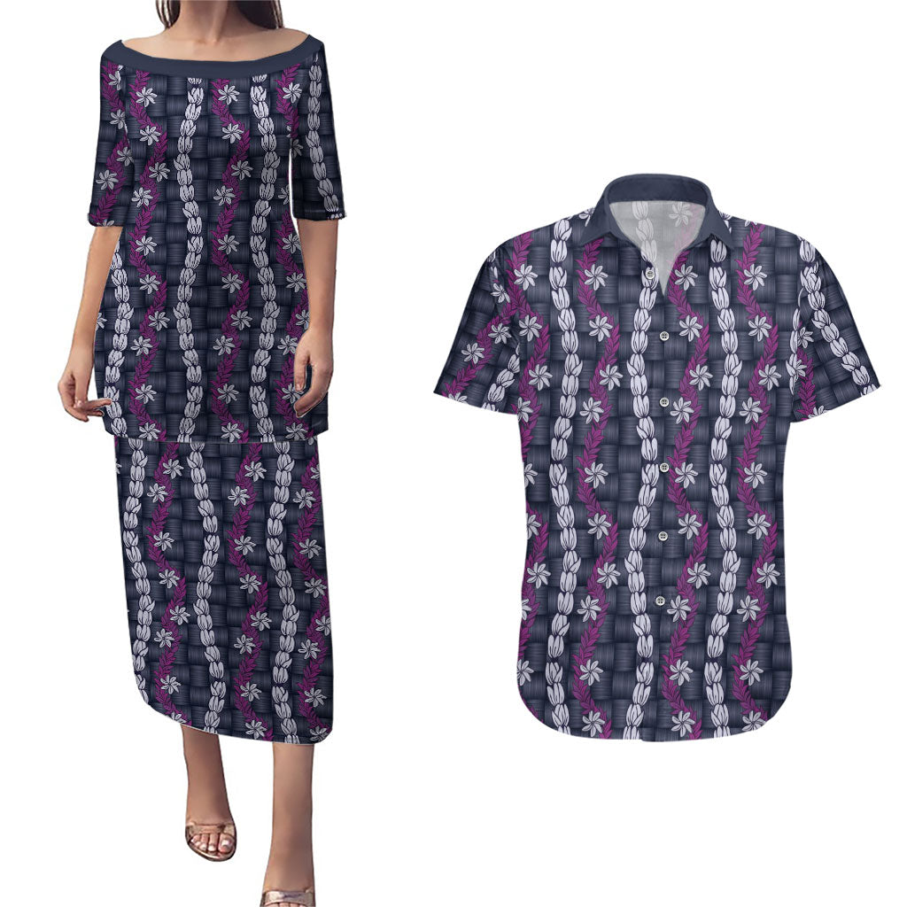 Pikake Maile Tiare Lei Couples Matching Puletasi and Hawaiian Shirt Poni Lauhala Pattern
