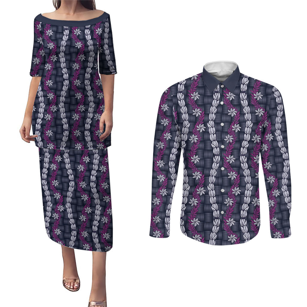 Pikake Maile Tiare Lei Couples Matching Puletasi and Long Sleeve Button Shirt Poni Lauhala Pattern LT01 Purple - Polynesian Pride