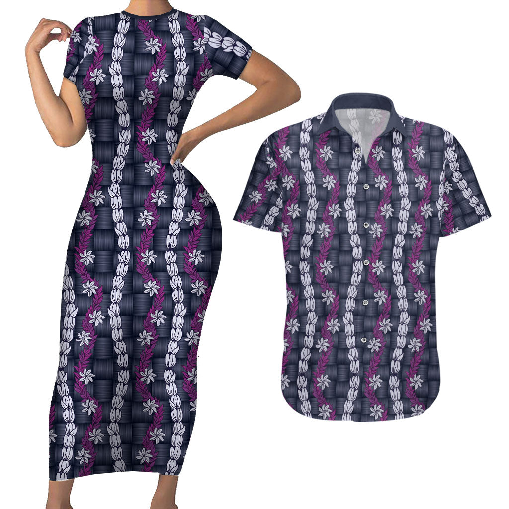 Pikake Maile Tiare Lei Couples Matching Short Sleeve Bodycon Dress and Hawaiian Shirt Poni Lauhala Pattern LT01 Purple - Polynesian Pride