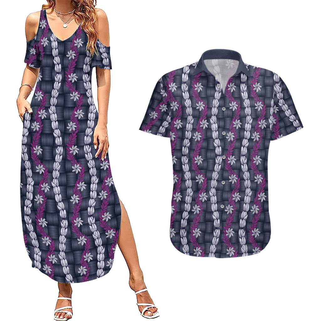 Pikake Maile Tiare Lei Couples Matching Summer Maxi Dress and Hawaiian Shirt Poni Lauhala Pattern LT01 Purple - Polynesian Pride