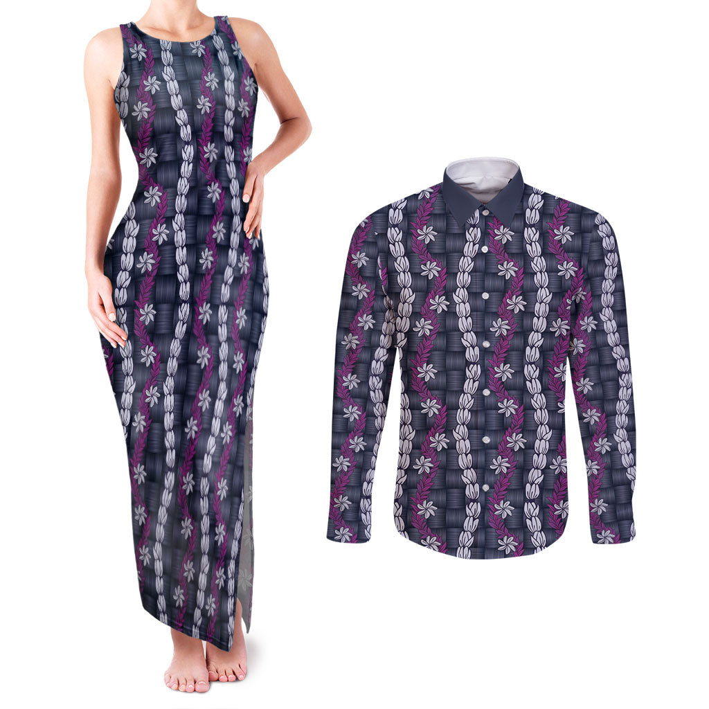 Pikake Maile Tiare Lei Couples Matching Tank Maxi Dress and Long Sleeve Button Shirt Poni Lauhala Pattern