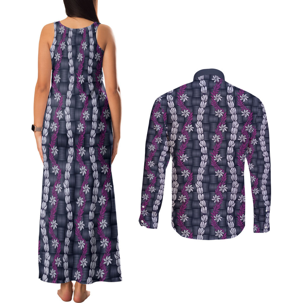 Pikake Maile Tiare Lei Couples Matching Tank Maxi Dress and Long Sleeve Button Shirt Poni Lauhala Pattern