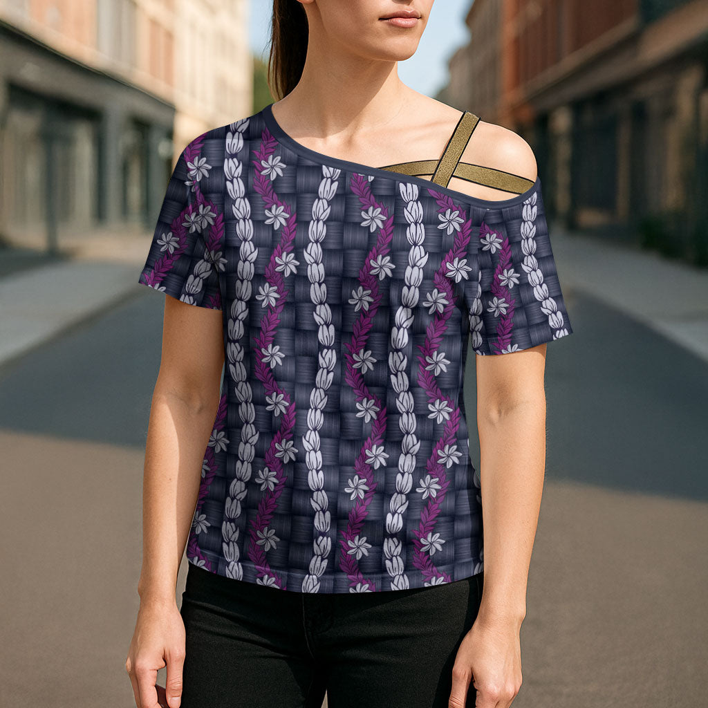Pikake Maile Tiare Lei Cross Shoulder Shirt Poni Lauhala Pattern