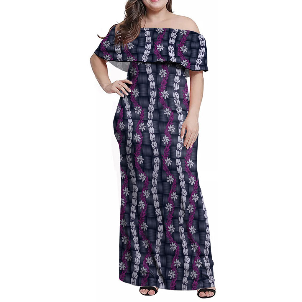 Pikake Maile Tiare Lei Family Matching Off Shoulder Maxi Dress and Hawaiian Shirt Poni Lauhala Pattern
