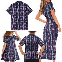 Pikake Maile Tiare Lei Family Matching Short Sleeve Bodycon Dress and Hawaiian Shirt Poni Lauhala Pattern