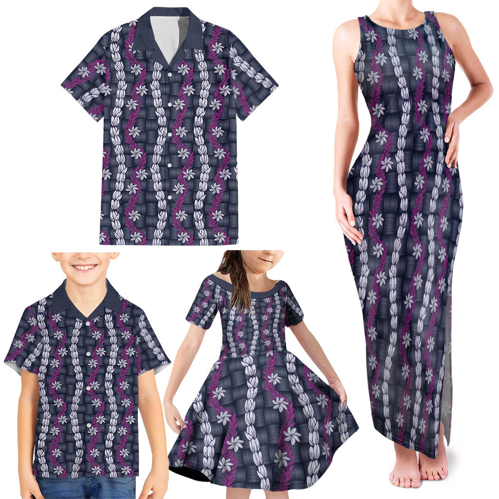Pikake Maile Tiare Lei Family Matching Tank Maxi Dress and Hawaiian Shirt Poni Lauhala Pattern