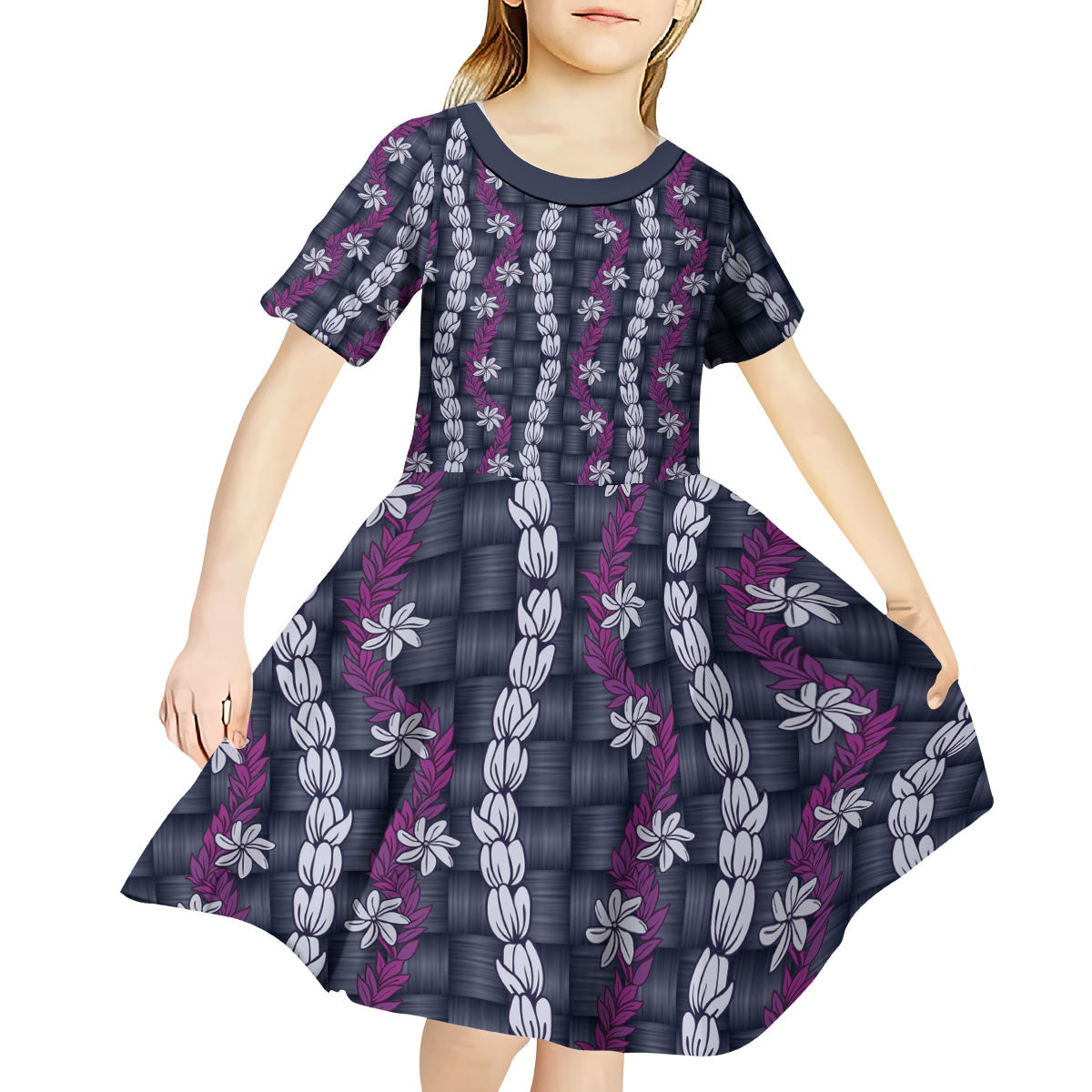 Pikake Maile Tiare Lei Kid Short Sleeve Dress Poni Lauhala Pattern