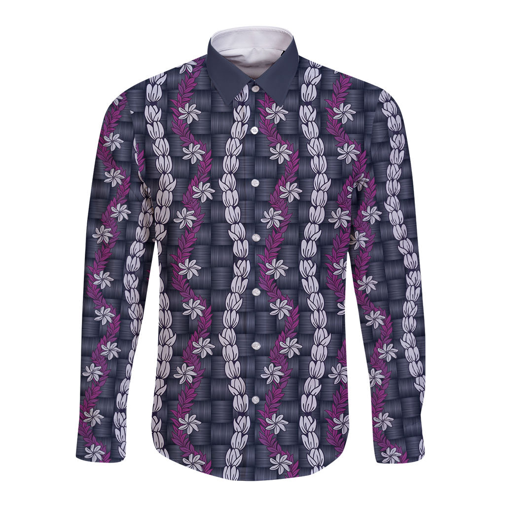 Pikake Maile Tiare Lei Long Sleeve Button Shirt Poni Lauhala Pattern LT01 Unisex Purple - Polynesian Pride