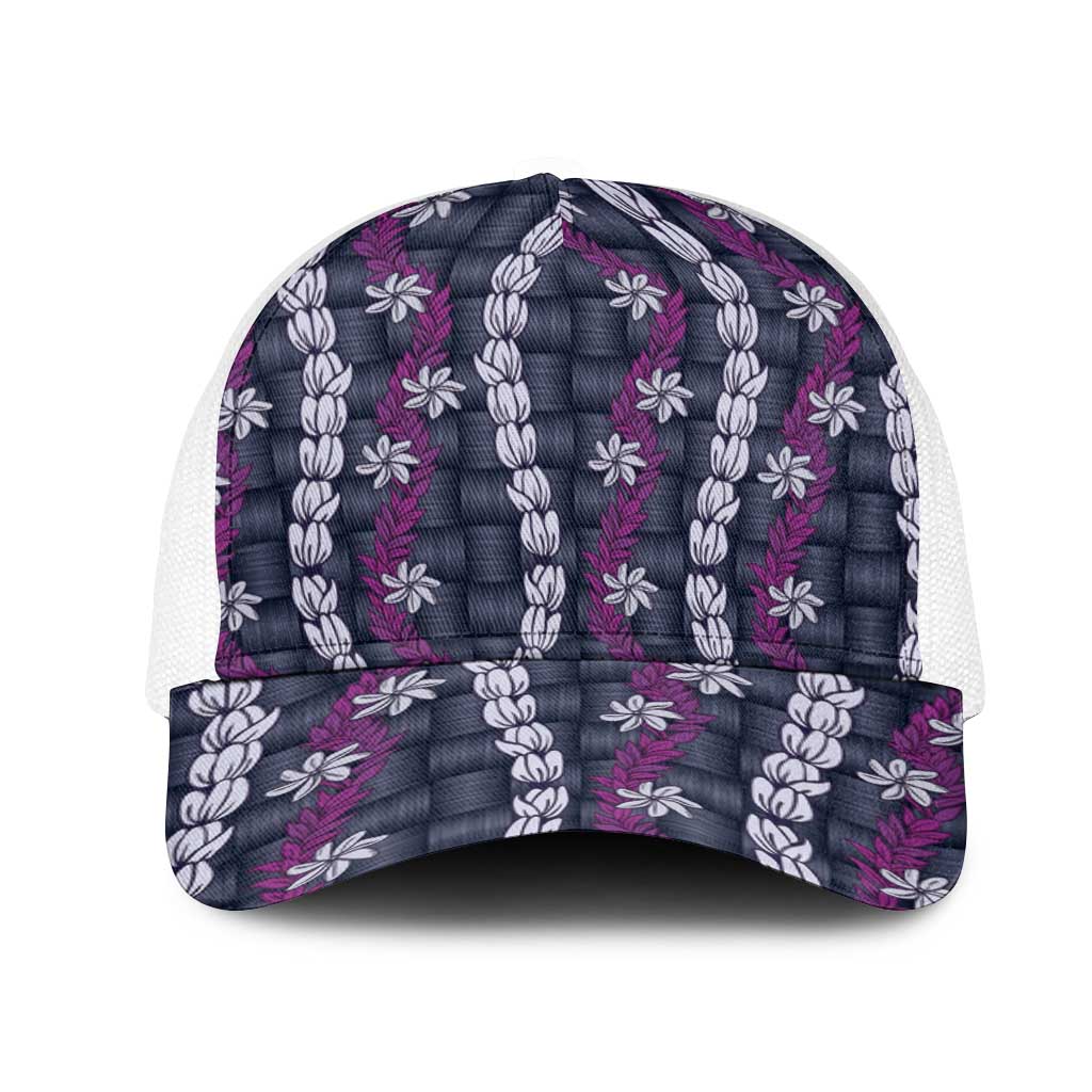 Pikake Maile Tiare Lei Mesh Trucker Cap Poni Lauhala Pattern LT01 One Size White Purple - Polynesian Pride