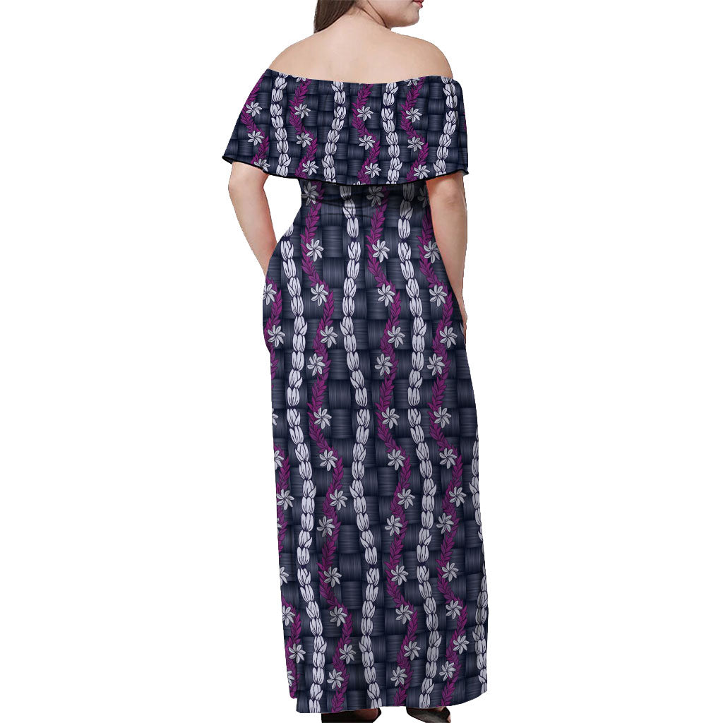 Pikake Maile Tiare Lei Off Shoulder Maxi Dress Poni Lauhala Pattern