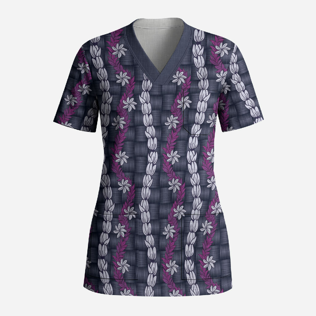 Pikake Maile Tiare Lei Scrub Top Poni Lauhala Pattern