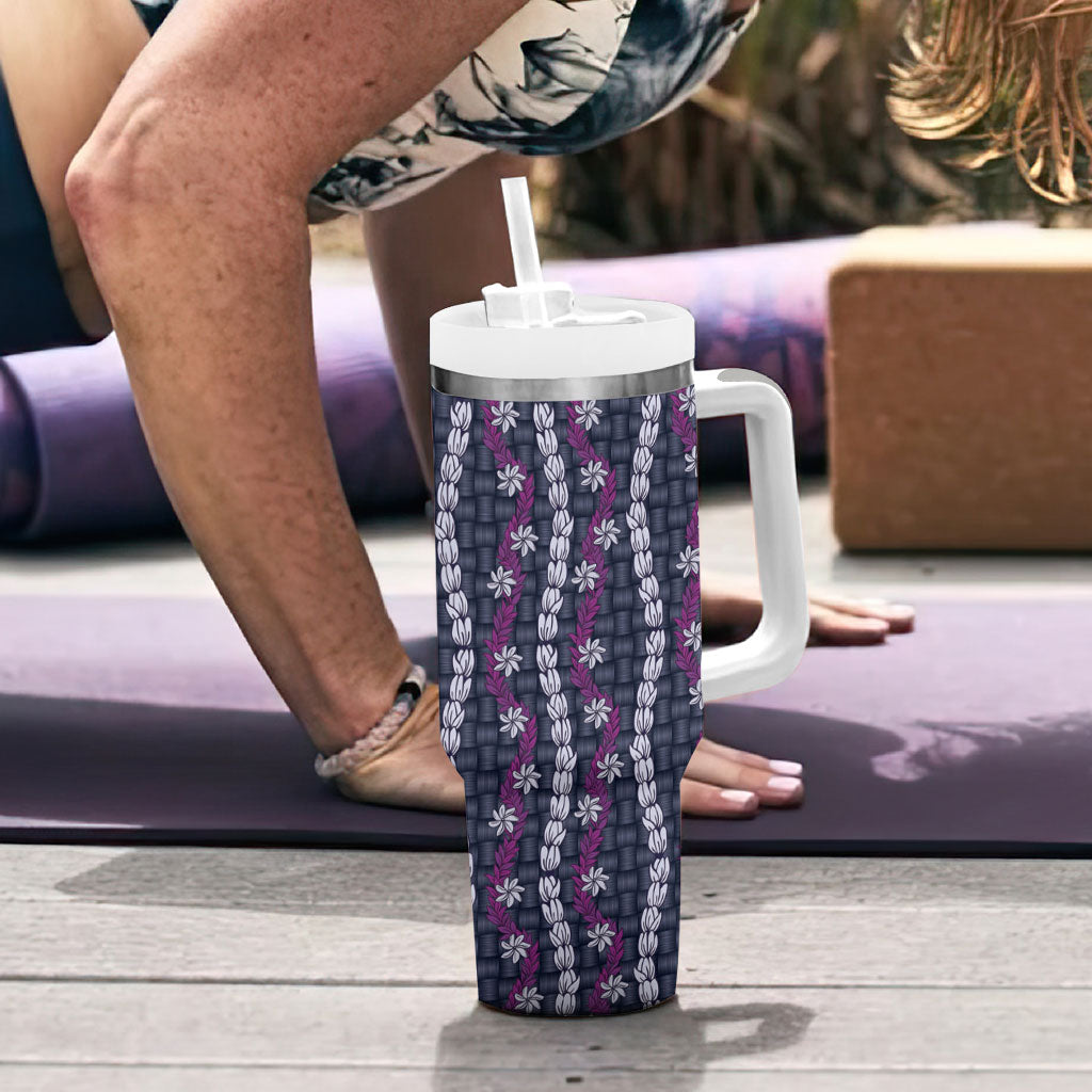 Pikake Maile Tiare Lei Tumbler With Handle Poni Lauhala Pattern