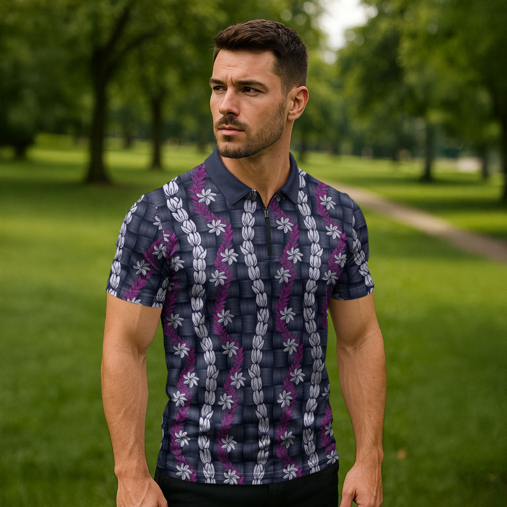 Pikake Maile Tiare Lei Zipper Polo Shirt Poni Lauhala Pattern