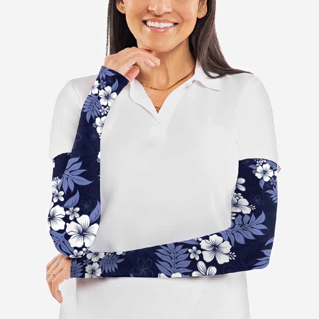 Hawaiian Hibiscus Tribal Floral Blue Arm Sleeves Polynesian Tapa Pattern - Polynesian Pride