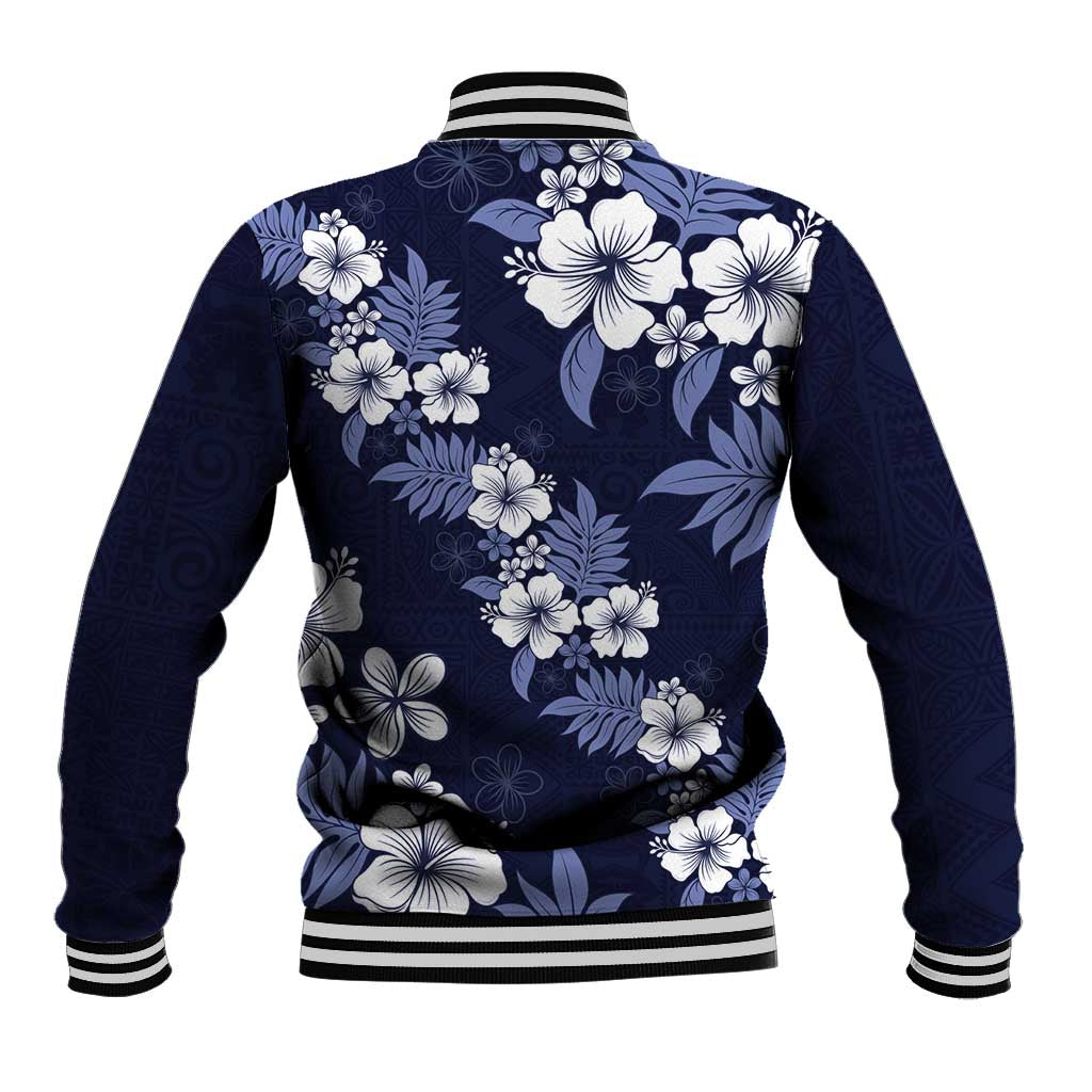 Hawaiian Hibiscus Tribal Floral Blue Baseball Jacket Polynesian Tapa Pattern - Polynesian Pride