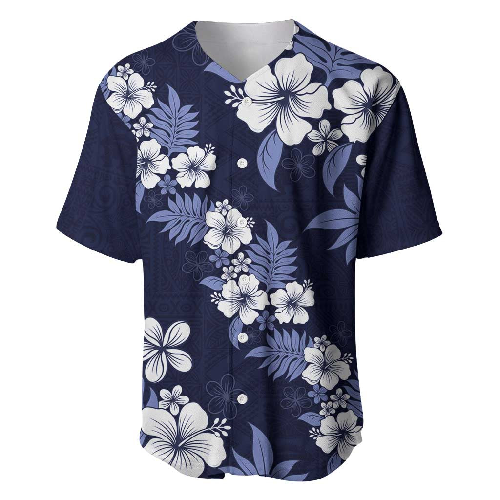 Hawaiian Hibiscus Tribal Floral Blue Baseball Jersey Polynesian Tapa Pattern - Polynesian Pride