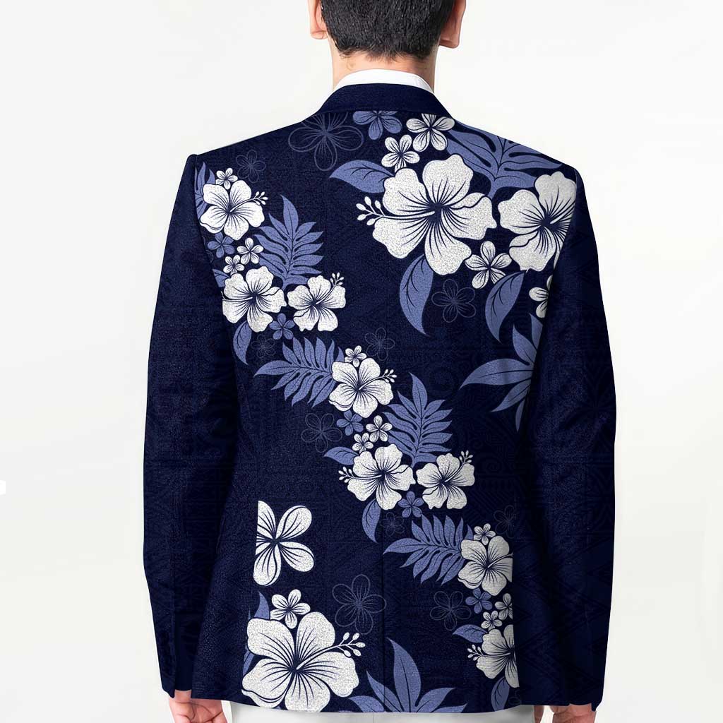 Hawaiian Hibiscus Tribal Floral Blue Blazer Polynesian Tapa Pattern - Polynesian Pride