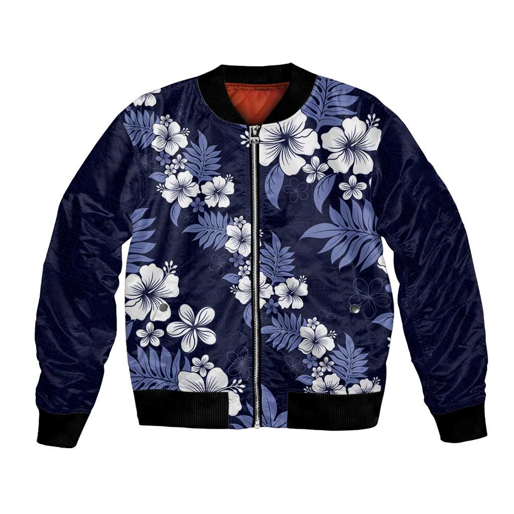 Hawaiian Hibiscus Tribal Floral Blue Bomber Jacket Polynesian Tapa Pattern LT01 Unisex Blue - Polynesian Pride