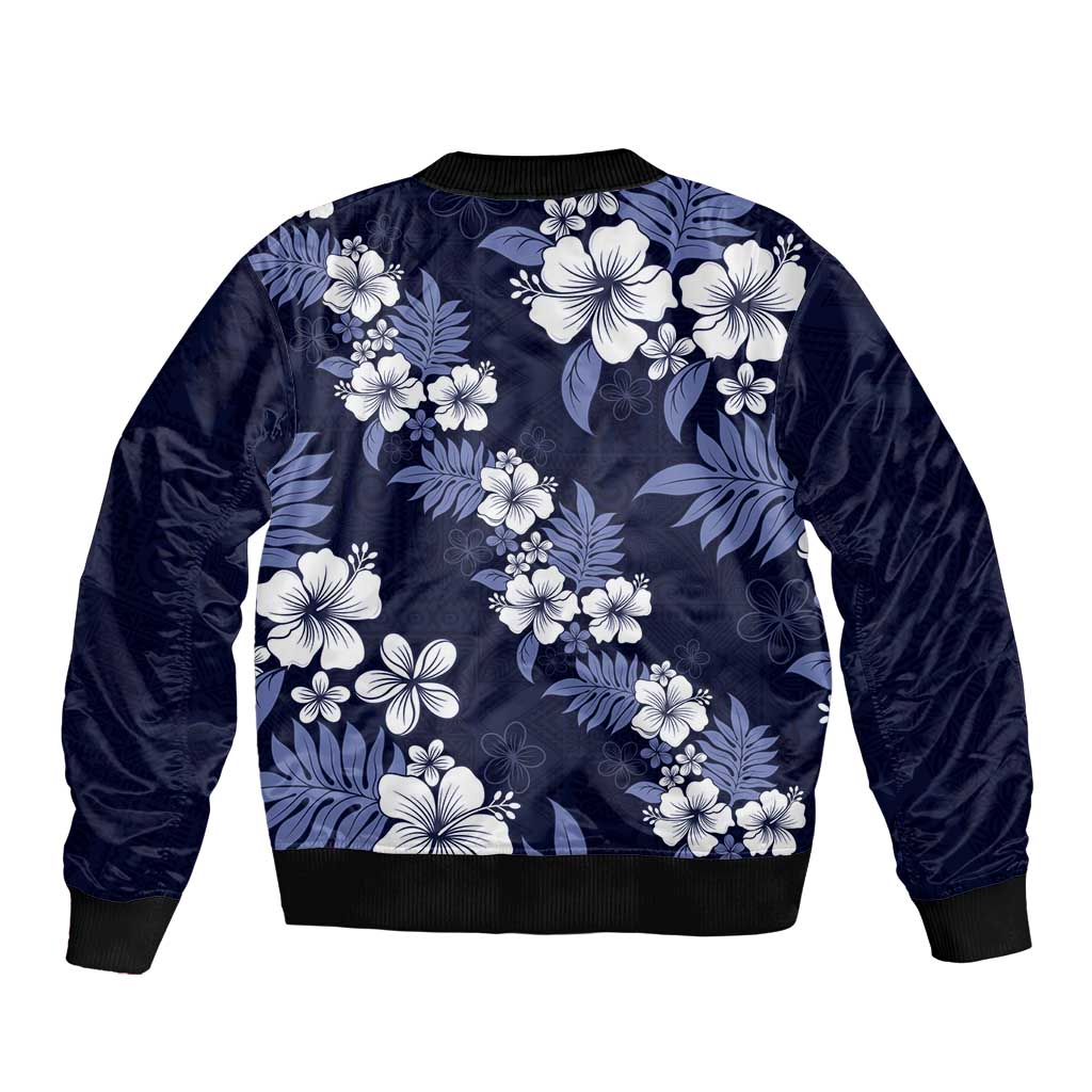 Hawaiian Hibiscus Tribal Floral Blue Bomber Jacket Polynesian Tapa Pattern LT01 - Polynesian Pride