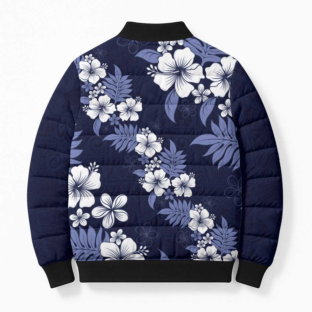 Hawaiian Hibiscus Tribal Floral Blue Bomber Puffer Jacket Polynesian Tapa Pattern LT01 - Polynesian Pride