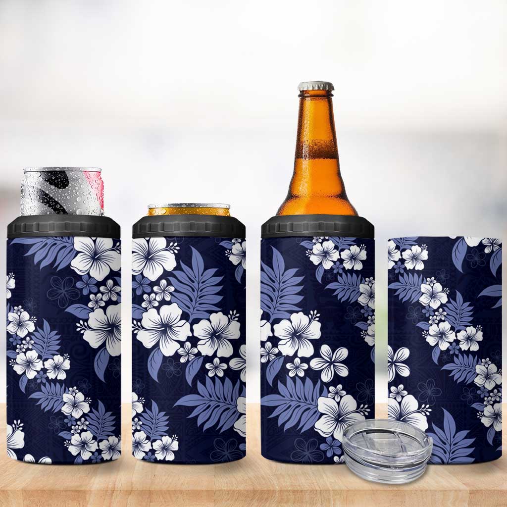 Hawaiian Hibiscus Tribal Floral Blue 4 in 1 Can Cooler Tumbler Polynesian Tapa Pattern - Polynesian Pride