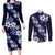 Hawaiian Hibiscus Tribal Floral Blue Couples Matching Long Sleeve Bodycon Dress and Long Sleeve Button Shirt Polynesian Tapa Pattern - Polynesian Pride